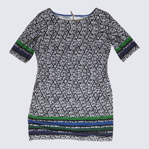 Eliza J Shift Dress Sz 14 Eclectic Print with Striped Trim Gold Zip Short Sleeve - Picture 5 of 16